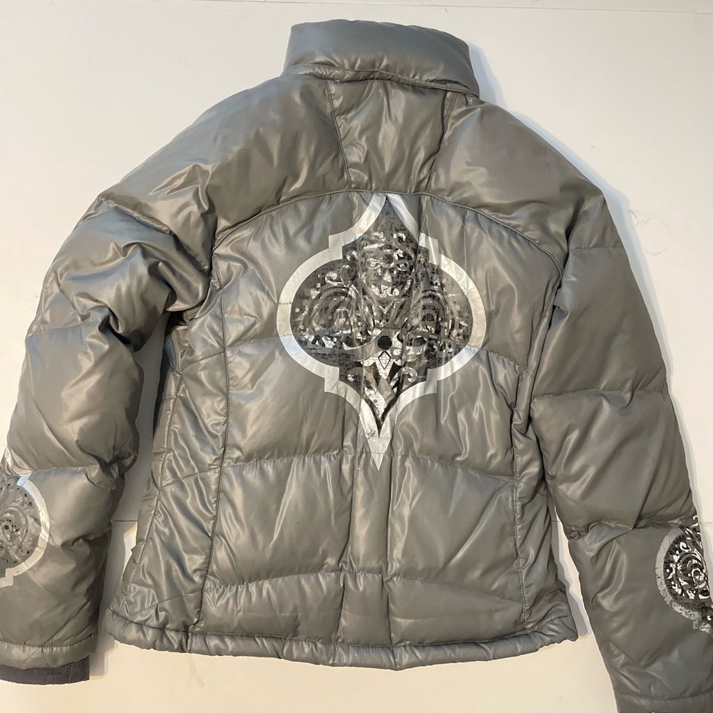 ATHLETA Jacket Womens Medium Gray Puffer Down Full Zip Hooded Winter Outdoor